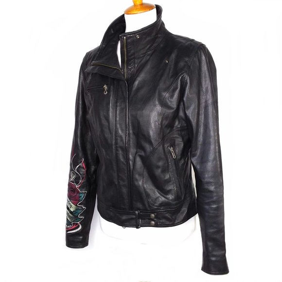 Harley Davidson Black Leather Moto Jacket Embroidered Logo Rose Size Medium - Picture 4 of 12